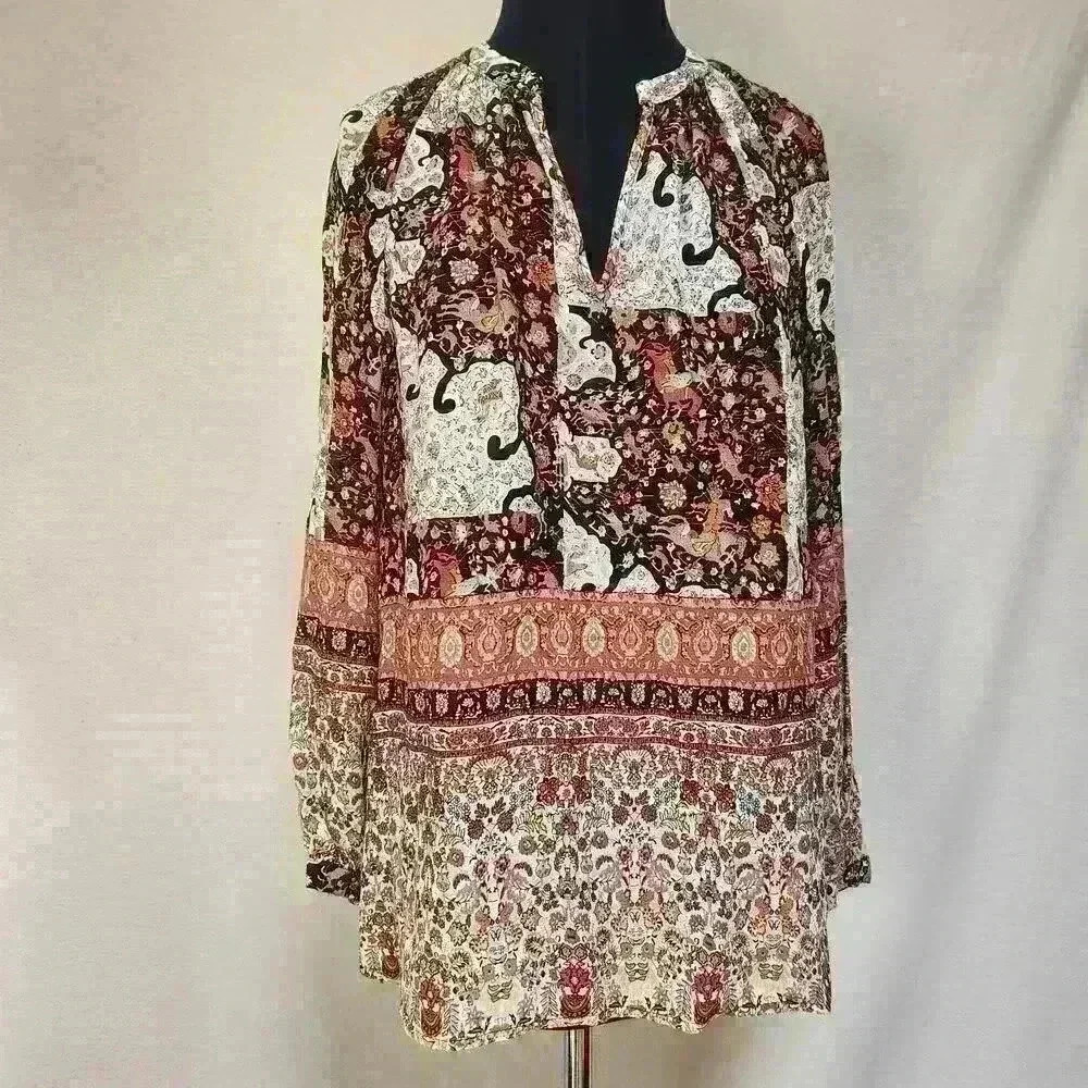 NWOT Christian Siriano Long Sleeved Peasant Boho Tribal Border Print PulloverTop